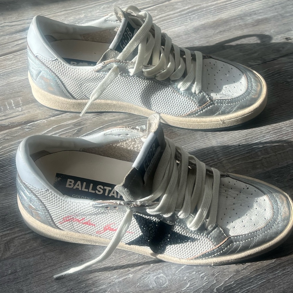 Golden Goose Silver and White Sneakers with Black Star